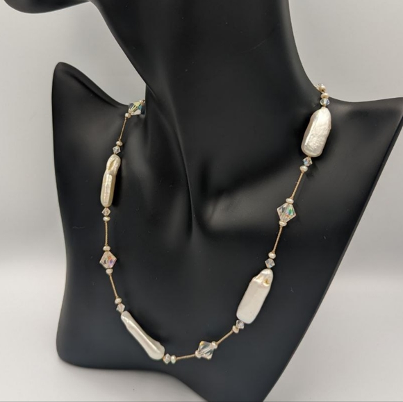 Beautiful Keshi Pearl Aurora Borealis Crystals Sterling Clasp Choker necklace - Picture 13 of 15